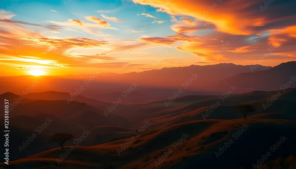 Obraz premium Majestic Sunset over Rolling Hills and Distant Mountains