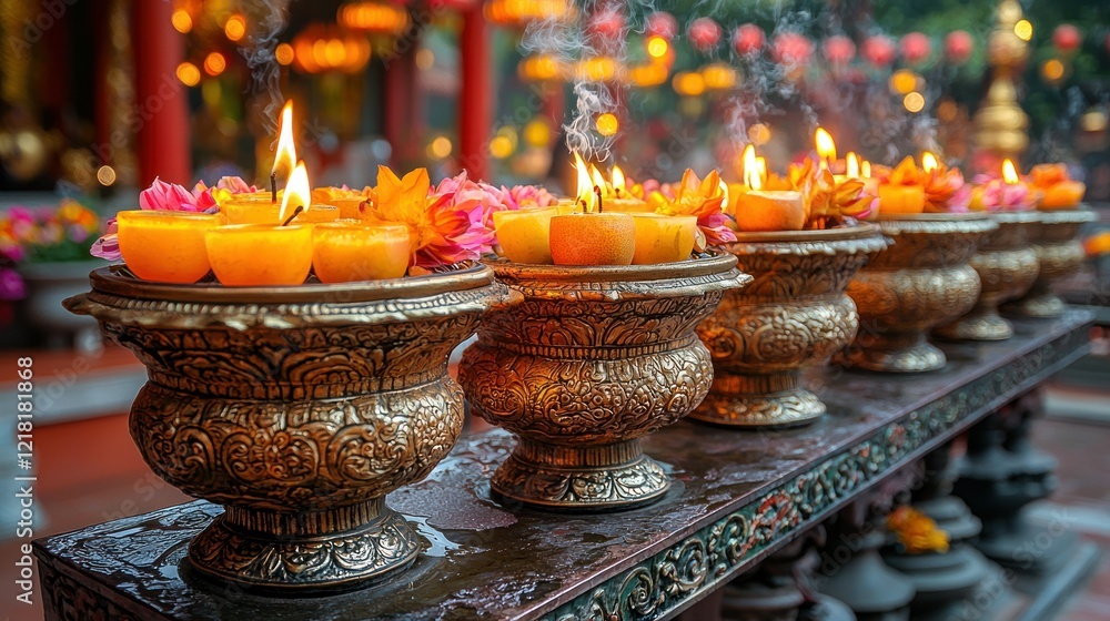 Fototapeta premium Candles glowing in golden bowls with floral arrangement at a temple