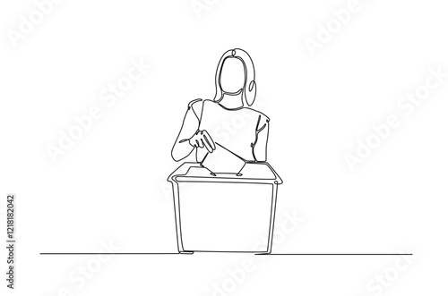 Female voter placing ballot in the ballot box polling place in continuous one line drawing design. Democracy and election day concept. Editable vector.