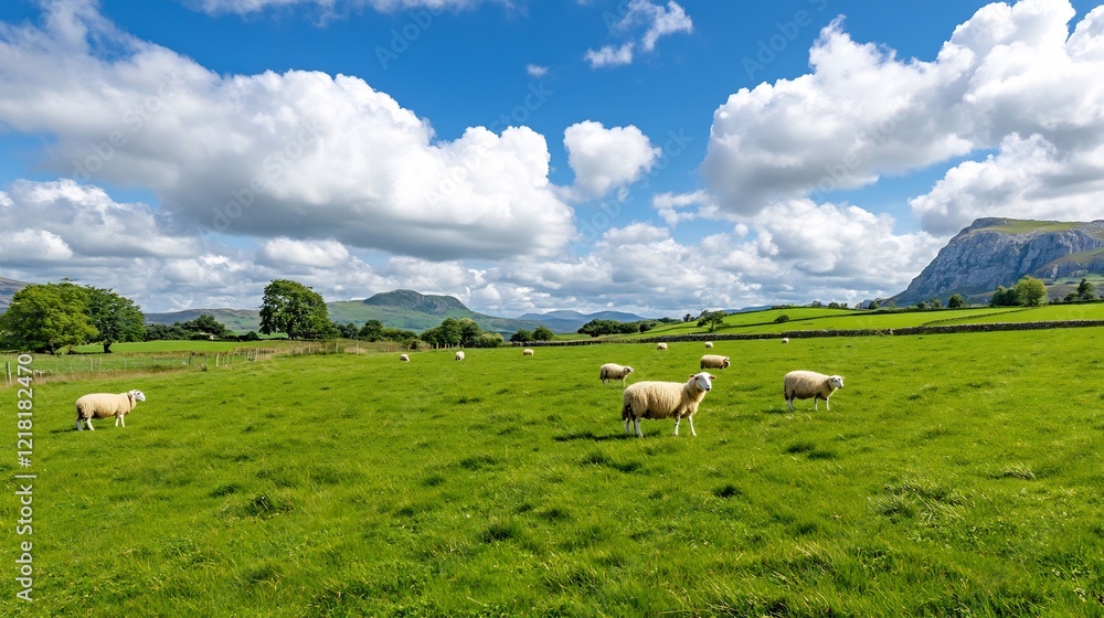 Sheep graze idyllic green pasture, mountains background, summer Sheep graze idyllic green pasture, mountains background, summer