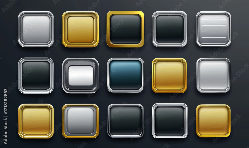 Metallic Button Collection with Round and Rectangular Designs for UI, Collection of Metallic Round and Rectangular Buttons with Glossy Finishes Metallic Button Collection with Round and Rectangular Designs for UI, Collection of Metallic Round and Rectangular Buttons with Glossy Finishes