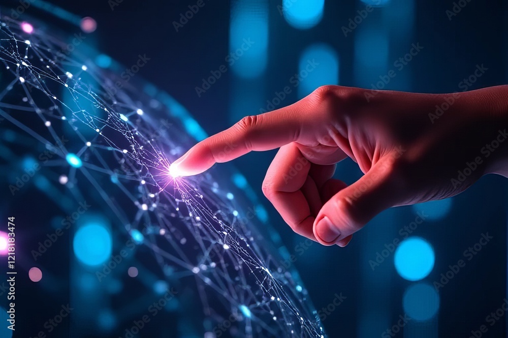 Fototapeta premium A illuminated hand reaches toward a glowing, digital network sphere, symbolizing connection and interaction in a high-tech environment.