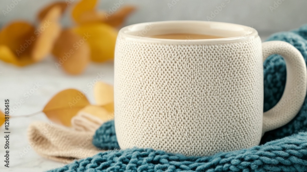 Cozy Knitted Mug with Warm Beverage and Autumn Leaves Background Cozy Knitted Mug with Warm Beverage and Autumn Leaves Background