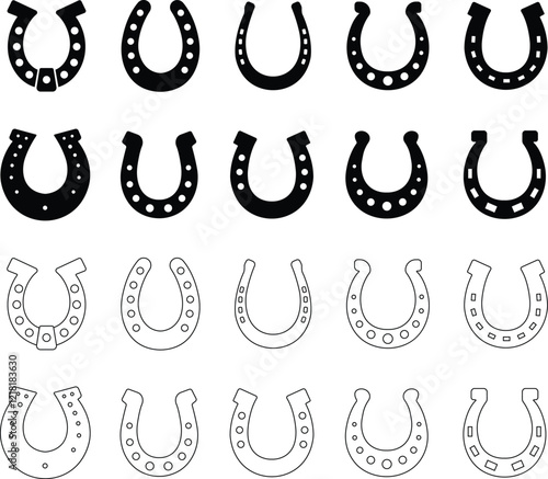 Horseshoe silhouette isolated on transparent background. Vintage Horseshoe icon in flat, line set horseshoe and symbol of luck Hand drawn lucky horseshoe Tattoo design Vector for apps or website