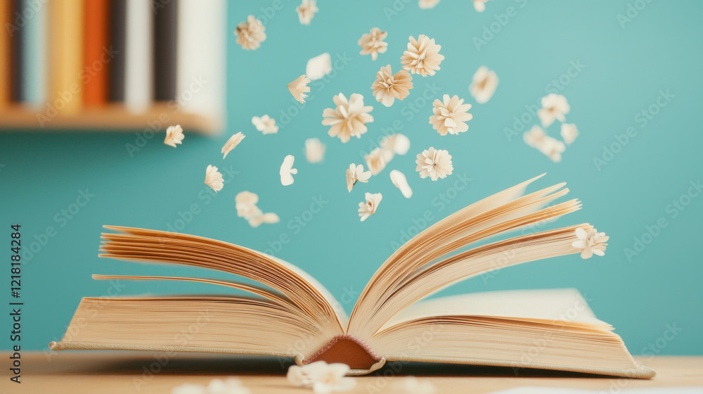 Fototapeta premium magical open book with floating flowers, inspiring creativity and wonder