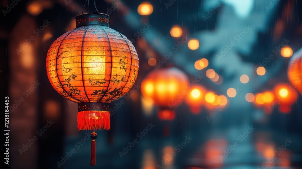 Obraz premium Rainy Night in China: Illuminated Lanterns in a Mystical Alley