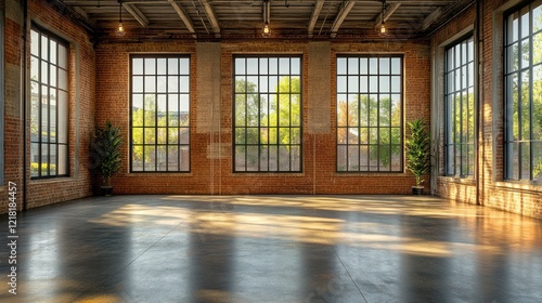 Sunlit industrial loft interior with exposed brick walls and large windows.