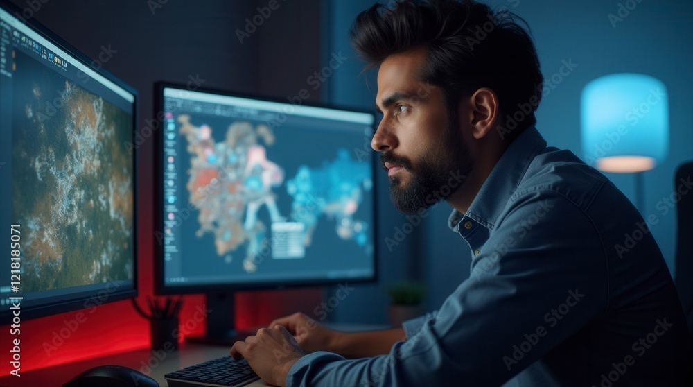 Indian Male Game Designer Using Desktop Computer With 3D Modelling Software Indian Male Game Designer Using Desktop Computer With 3D Modelling Software