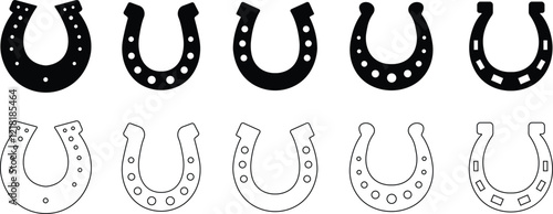 Horseshoe silhouette isolated on transparent background. Vintage Horseshoe icon in flat, line set horseshoe and symbol of luck Hand drawn lucky horseshoe Tattoo design Vector for apps or website
