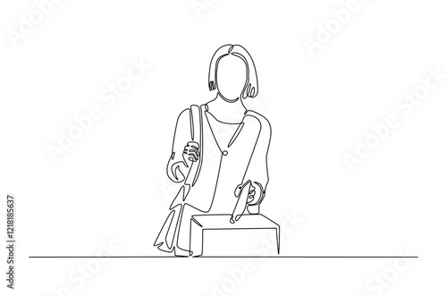 Female voter placing ballot in the ballot box polling place in continuous one line drawing design. Democracy and election day concept. Editable vector.