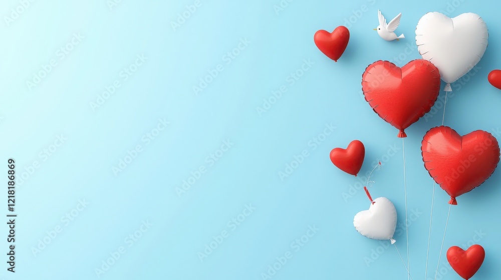 Colorful heart-shaped balloons in red and white float against a soft blue background, creating a cheerful and romantic atmosphere. Colorful heart-shaped balloons in red and white float against a soft blue background, creating a cheerful and romantic atmosphere.