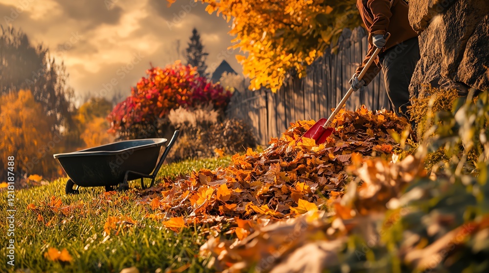 Autumn leaves raked in a colorful garden Autumn leaves raked in a colorful garden