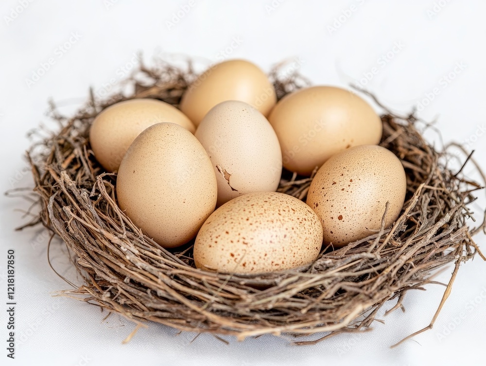 Six light brown eggs nestled in a bird's nest on a white background. Six light brown eggs nestled in a bird's nest on a white background.