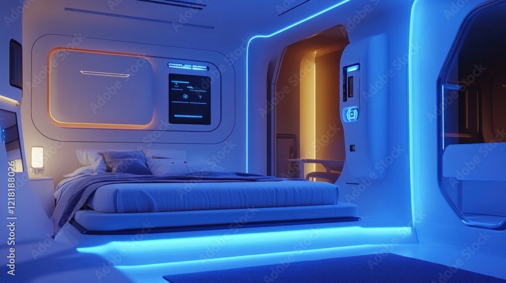 Modern Futuristic Bedroom Interior with Neon Lighting Design Modern Futuristic Bedroom Interior with Neon Lighting Design
