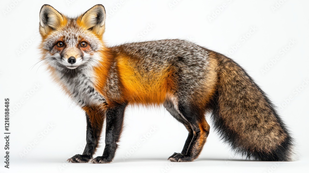 Fototapeta premium Red fox standing, studio shot, white background, wildlife