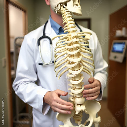 Doctor with lumbar vertebra bone skeleton and nerve model for treatment in the orthopedic department. photo