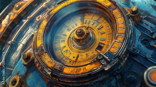 Close up of a complex clockwork mechanism with yellow and blue color scheme and rusty metal texture photo