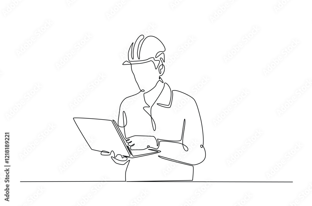 Engineer with laptop in continuous one line drawing. Single line art draw of architect working with netbook. Editable vector. Engineer with laptop in continuous one line drawing. Single line art draw of architect working with netbook. Editable vector.