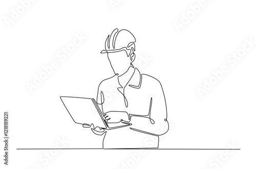 Engineer with laptop in continuous one line drawing. Single line art draw of architect working with netbook. Editable vector.