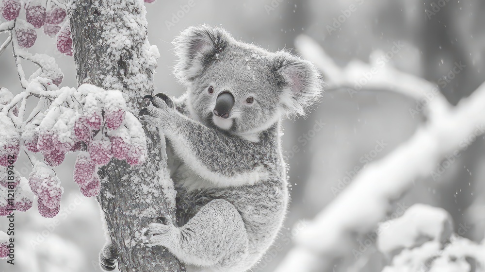 Snowy Koala on Tree, Winter Wonderland Snowy Koala on Tree, Winter Wonderland