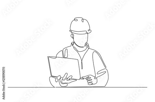 Engineer with laptop in continuous one line drawing. Single line art draw of architect working with netbook. Editable vector.