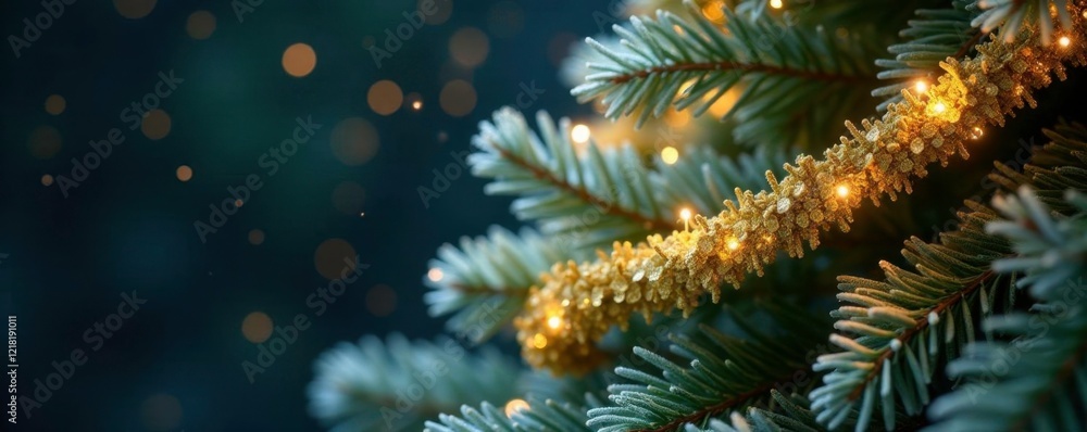 Glittering gold garland on a frosted fir tree, Fir Tree, Sparkling Accents, Garland Glittering gold garland on a frosted fir tree, Fir Tree, Sparkling Accents, Garland