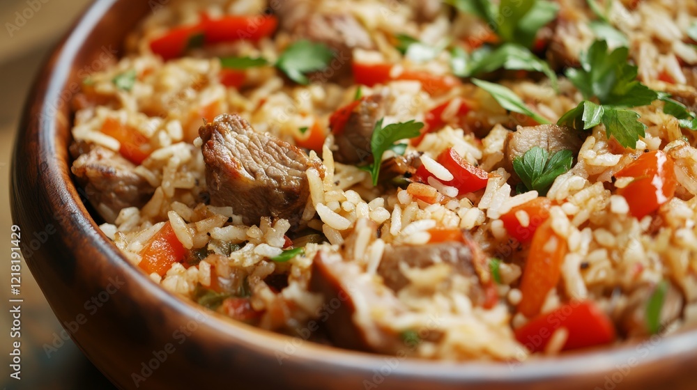 Close-up of rice and Turkish pilaf with lamb and vegetables in a traditional Turkish serving dish, emphasizing savory and rich qualities. Ideal for Turkish cuisine and festive meals. Close-up of rice and Turkish pilaf with lamb and vegetables in a traditional Turkish serving dish, emphasizing savory and rich qualities. Ideal for Turkish cuisine and festive meals.