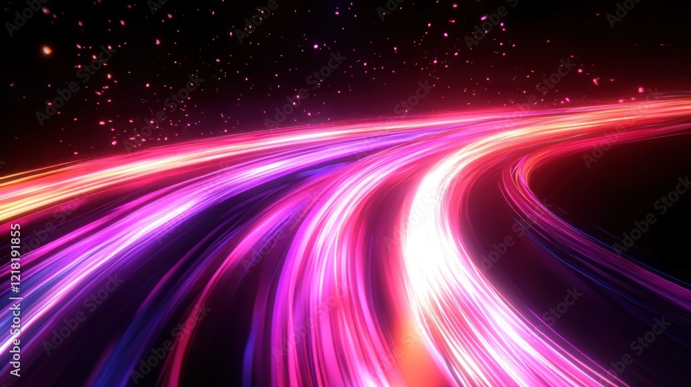 Abstract light trails in motion with pink purple and red colors on a dark backdrop Abstract light trails in motion with pink purple and red colors on a dark backdrop