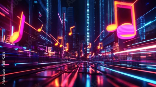 Musical Cityscape Neon Lights with Flying Notes and Futuristic Urban Vibes
