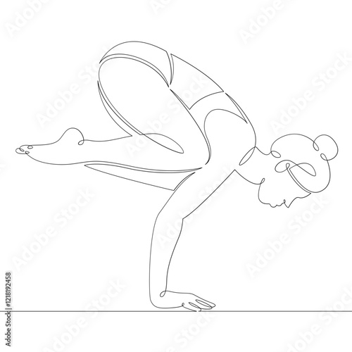 Portrait of a young woman athlete is engaged in pilates yoga fitness. One continuous drawing line, logo single hand drawn art doodle isolated minimal illustration.