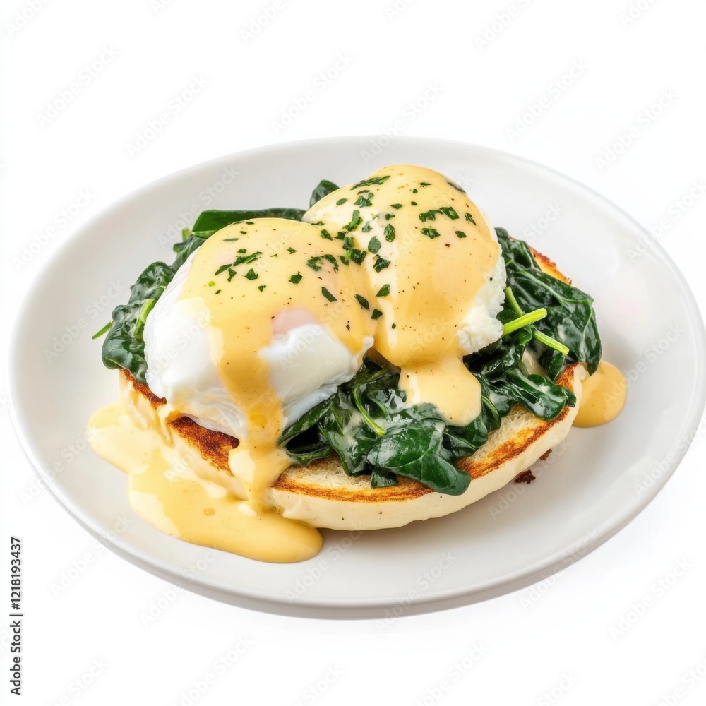 A classic eggs Florentine with spinach and hollandaise sauce, isolated white background, classic art style A classic eggs Florentine with spinach and hollandaise sauce, isolated white background, classic art style
