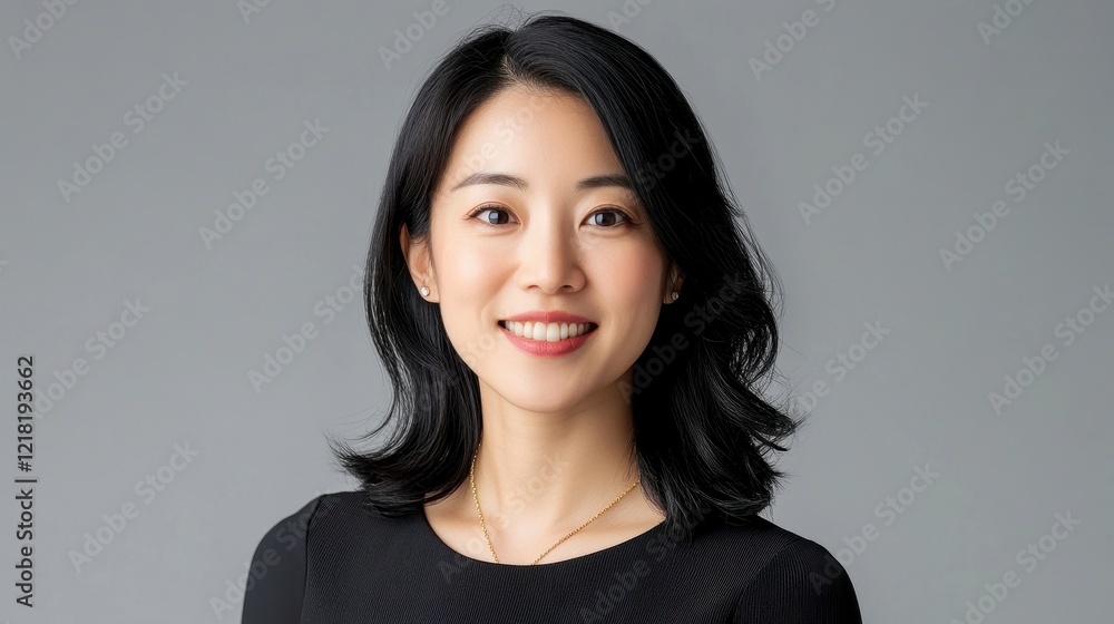 Young Smiling Woman with Black Hair on Gray Background Young Smiling Woman with Black Hair on Gray Background
