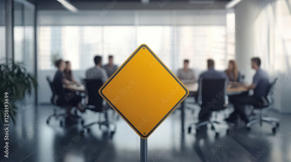 Yellow Diamond Shaped Road Sign Isolated in Front of Meeting Room with People Discussing in Background Yellow Diamond Shaped Road Sign Isolated in Front of Meeting Room with People Discussing in Background