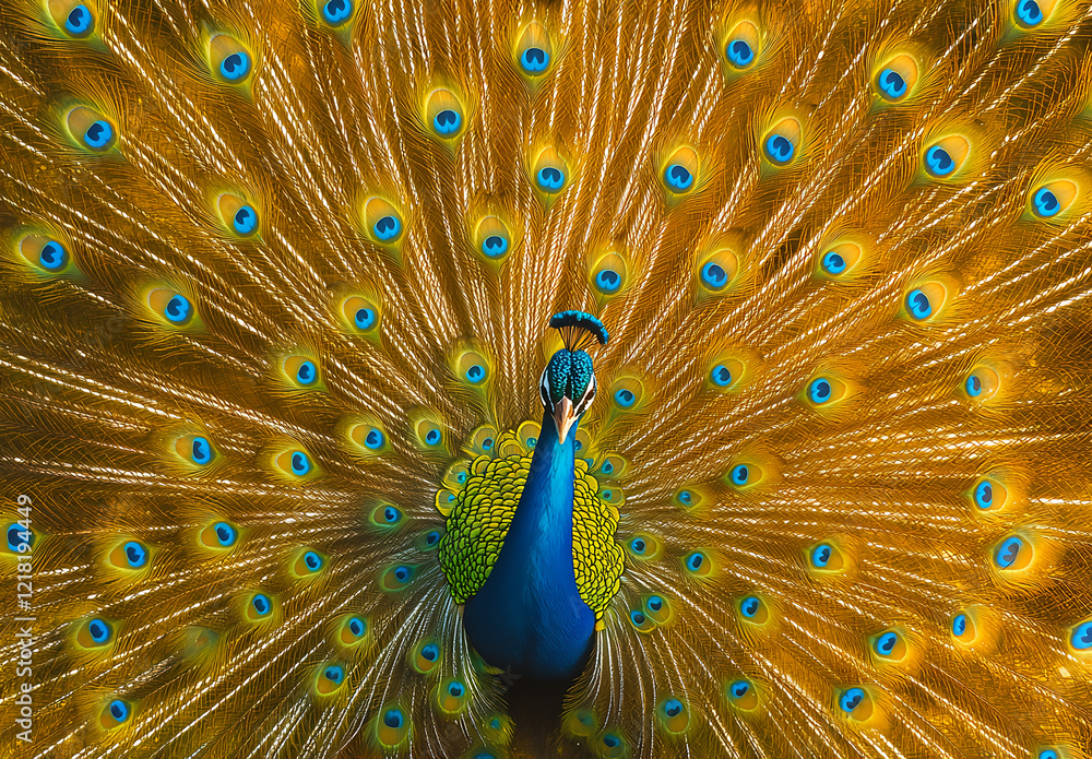 Obraz premium A vibrant peacock displaying its colorful feathers, symbolizing beauty and self- Est-val in nature., photo realistic, national geographic photography 