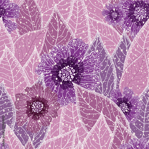 Seamless pattern with hand drawn colorful pastel stylized leaves and flowers. Floral organic background. For textile, wallpaper and packaging.