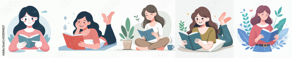 Woman reading a book with happy expression Woman reading a book with happy expression