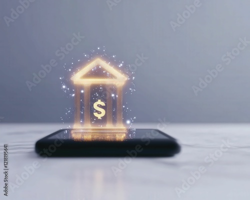 Futuristic mobile banking interface displaying glowing currency digital device technology modern environment close-up view photo