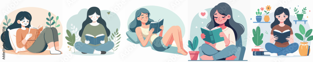 Woman reading a book with happy expression Woman reading a book with happy expression