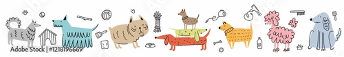 Horizontal illustration from a collection of different dog breeds and dog grooming items, hand drawn in doodle style