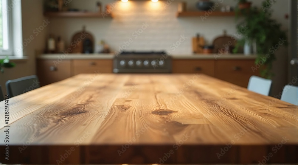 Polished wooden table with a refined texture, natural lighting highlights the wood's elegance, set against a softly blurred kitchen backdrop. Polished wooden table with a refined texture, natural lighting highlights the wood's elegance, set against a softly blurred kitchen backdrop.