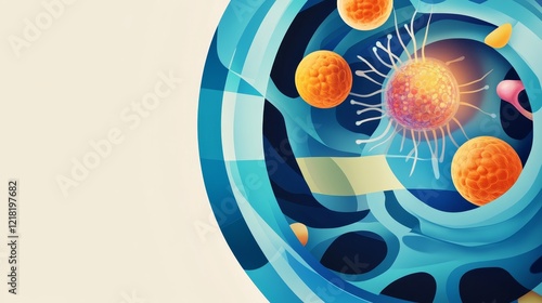 Abstract illustration of a cell with colorful organelles and a nucleus, showcasing cellular activity photo