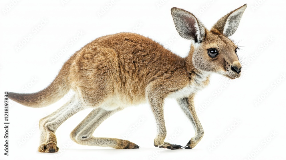 Red Kangaroo Joey hopping, white background, wildlife, nature Red Kangaroo Joey hopping, white background, wildlife, nature