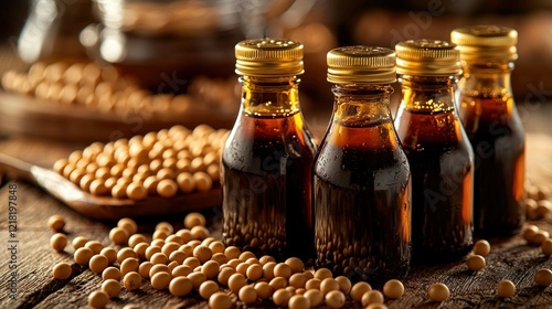 Soybeans oil bottles rustic kitchen setting photo