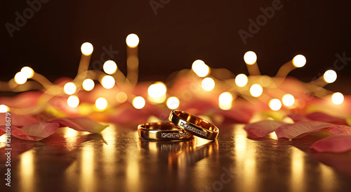 A pair of gold rings surrounded by soft glowing fairy lights and petals photo