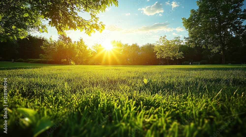 Sunset over lush green grass field in park. Sunset over lush green grass field in park.