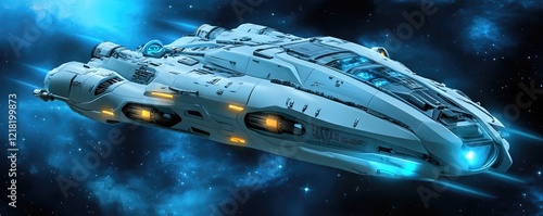 Spaceship soaring through nebula; cosmic background, sci-fi game concept