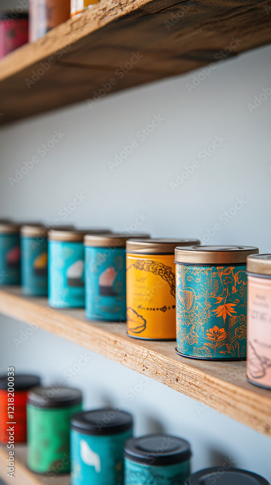 colorful tea tins on wooden shelf in kitchen with blue and yellow floral design colorful tea tins on wooden shelf in kitchen with blue and yellow floral design
