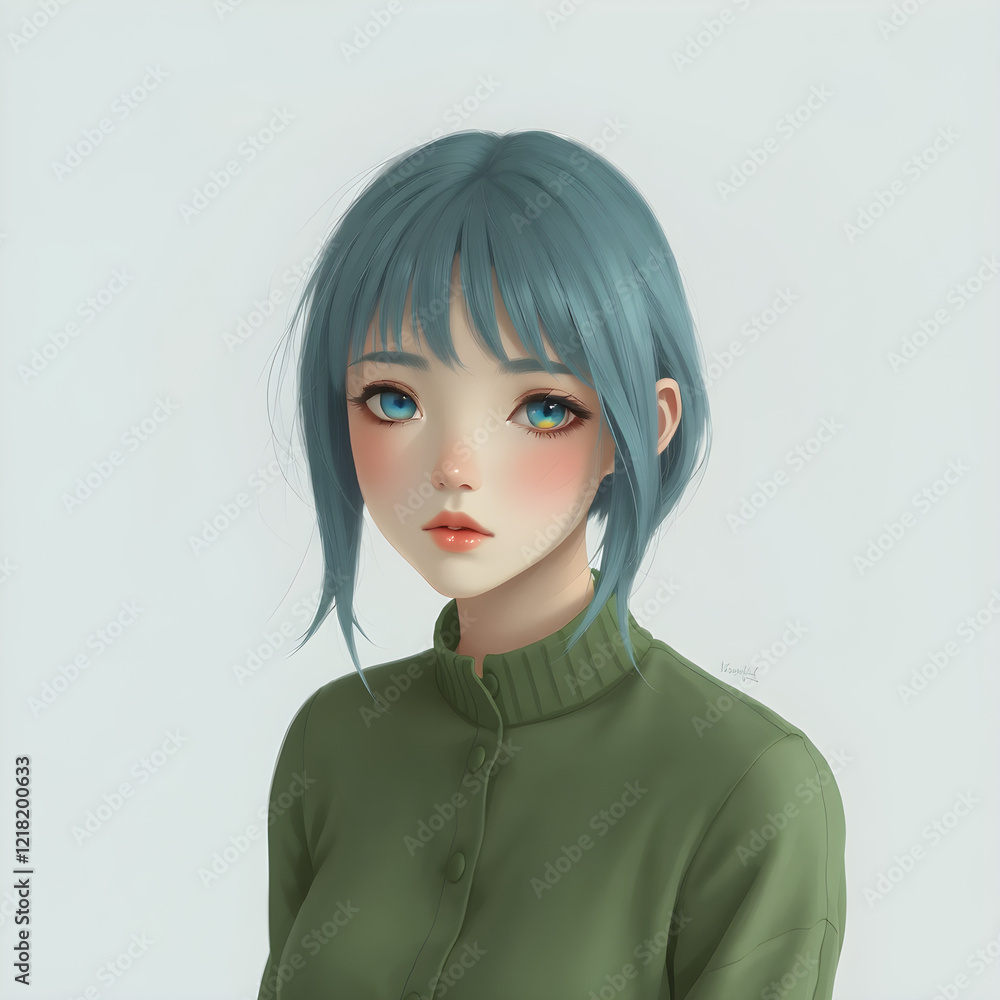 Una joven deslumbrante con pelo azul y ropa verde encantadora. Una joven deslumbrante con pelo azul y ropa verde encantadora.