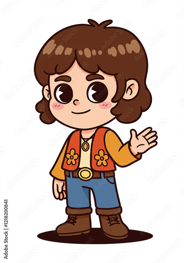 Adorable Cartoon Child in 70s Retro Style Clothing Waving Adorable Cartoon Child in 70s Retro Style Clothing Waving