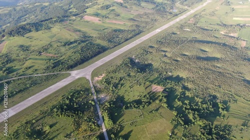 Aerial View of Green Nature and Massive Airport Way on Ponikve, Serbia. Drone Shot photo